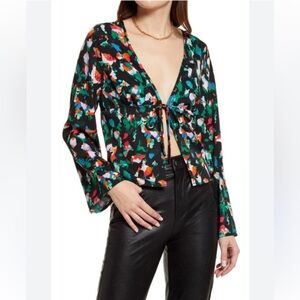Open Edit Tie Front Bell Sleeve Top in Black Multi Painters Mark NWT Size L